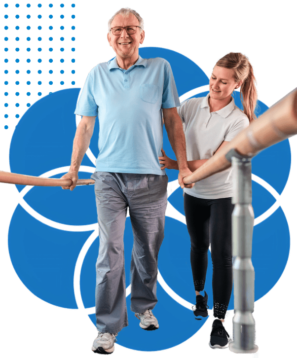 Neurowell Stroke Rehabilitation patient using parallel bars to walk with therapist